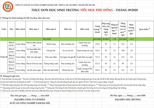 Thực đơn bán trú tuần từ 28/9 đến 02/10/2020